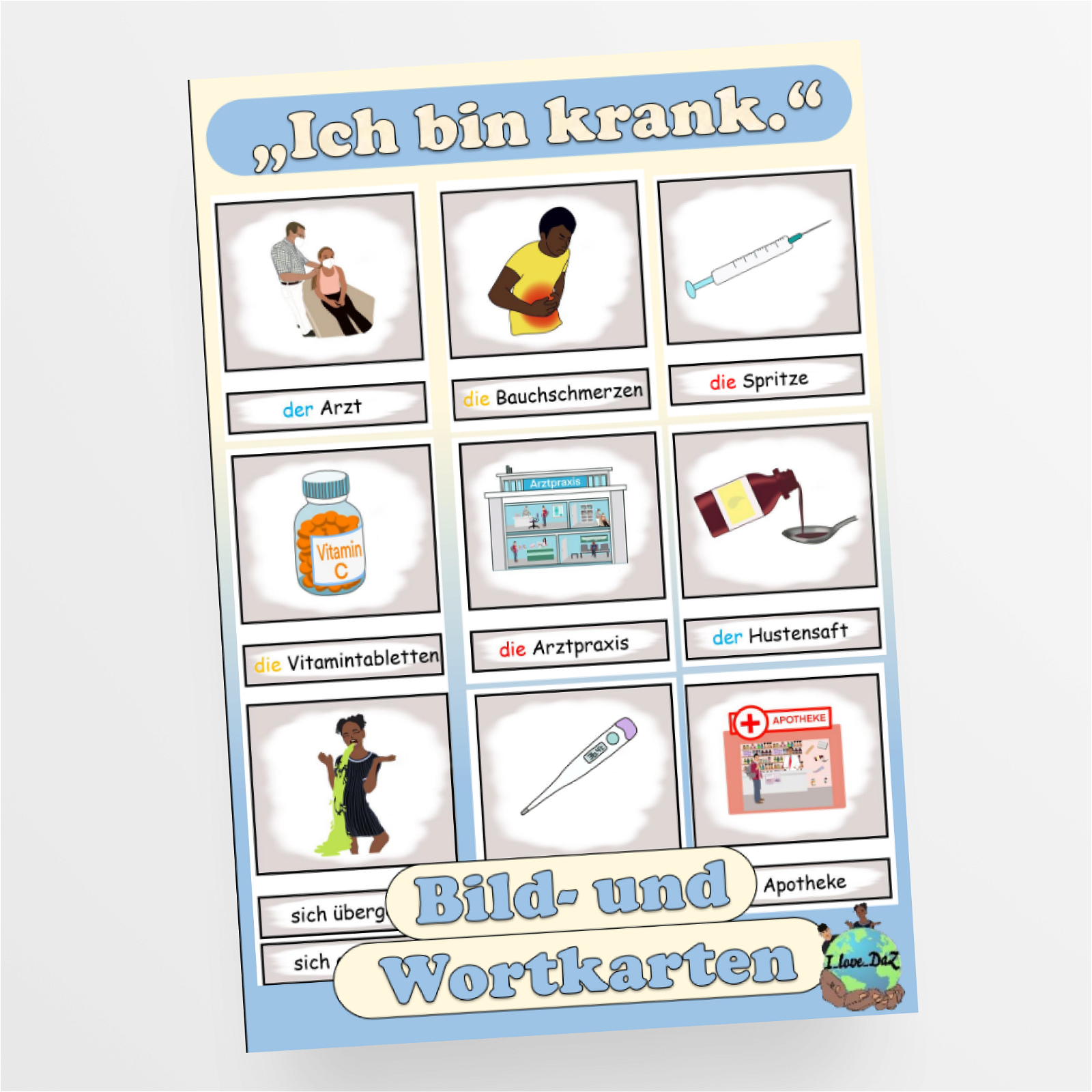 Bildkarten / Wortkarten "Ich bin krank und muss zum Arzt" DaZ