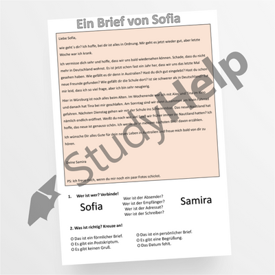 Brief Liebe Sofia Lesetext Übungsaufgaben - StudyHelp Lehrmaterial 