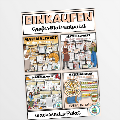 großes Materialpaket "Einkaufen" Bäckerei, Metzgerei, Schuhgeschäft und Supermarkt - DaZ / DaF / Deutsch - StudyHelp Lehrmaterial 