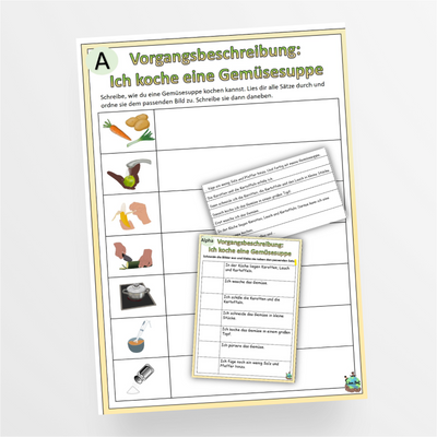 Vorgangsbeschreibung "Ich koche eine Gemüsesuppe" 3fach differenziert - DaZ / Deutsch - StudyHelp Lehrmaterial 